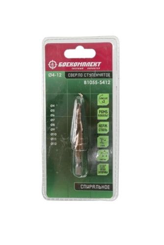 Сверло ступенчатое по металлу 4-12мм шаг 1мм Р6М5+COBALT, спираль БОЕКОМПЛЕКТ-Tehinstrument