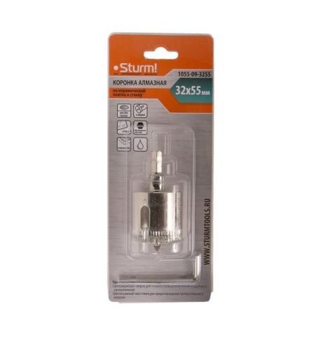 Коронка алмазн. По керам. Плитке и стеклу 32 х 55 мм с центрир. Сверл.  Sturm-Tehinstrument