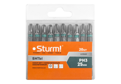 Биты PH3x25мм,сталь S2, С МАГНИТН. НАКОНЕЧНИКОМ,20 шт. В пластик.кейсе  Sturm-Tehinstrument