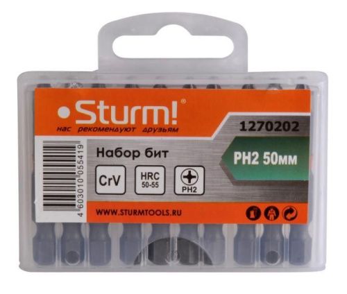Биты PH2x50мм, сталь crv, С МАГНИТН. НАКОНЕЧНИКОМ,10 шт. В пластик.кейсе  Sturm-Tehinstrument