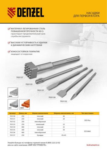Пика, 14 х 250 мм, 40Cr, SDS PLUS// Denzel-Tehinstrument