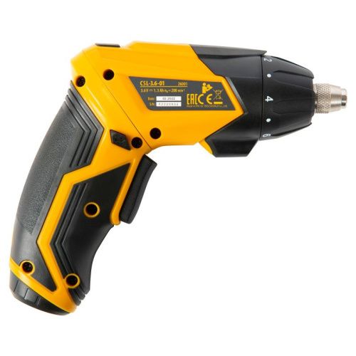 Отвертка DENZEL CSL-3,6-01, с аккумулятором 3.6 В Li-Ion, 1.3 Ач, 200 об/мин, с аксессуарами-Tehinstrument