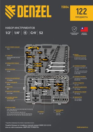 Набор инструментов 122 предмета Denzel, пластиковый кейс-Tehinstrument