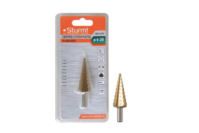 Сверло ступенчатое по металлу 4-20мм шаг 2мм HSS+TIN прямое  Sturm-Tehinstrument