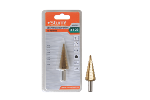 Сверло ступенчатое по металлу 4-20мм шаг 2мм HSS+TIN прямое  Sturm-Tehinstrument