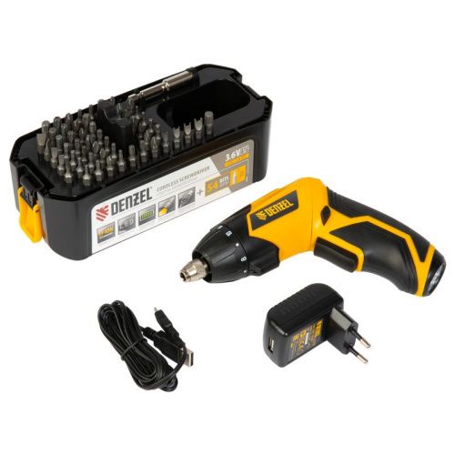 Отвертка DENZEL CSL-3,6-01, с аккумулятором 3.6 В Li-Ion, 1.3 Ач, 200 об/мин, с аксессуарами-Tehinstrument