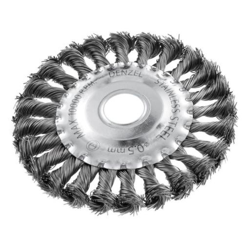 Щетка для УШМ, 125 мм, "Плоская", крученая нержавеющая проволока 0.5 мм, посадка 22.2 мм Denzel-Tehinstrument