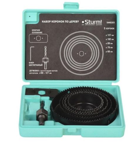Набор коронок по дереву, 5 шт, 68/76/89/102/127x22мм, пластиковый кейс,  Sturm-Tehinstrument