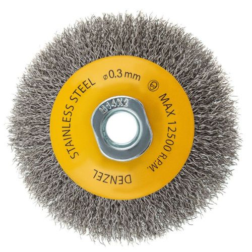 Щетка для УШМ, 100 мм, "Тарелка", витая нержавеющая проволока 0.3 мм, М14 Denzel-Tehinstrument