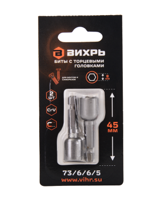 Бита с торцевой головкой магнитная 8х45мм (2шт) Вихрь-Tehinstrument