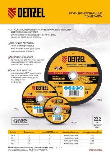 Круг шлифовальный по металлу, 115 х 6,0 х 22,2 мм, A24QBF// Denzel-Tehinstrument