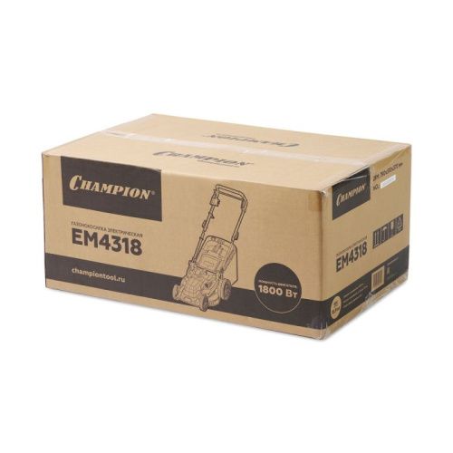 Газонокосилка эл. CHAMPION EM4318 (1,8 кВт пласт.+ткань травосб. 52л ширина 430мм 30-75мм, 12,9кг)-Tehinstrument