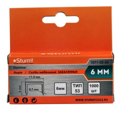 Скобы для степлера 6мм (тип 53), 1000шт,оцинкованные,закаленные,  Sturm-Tehinstrument