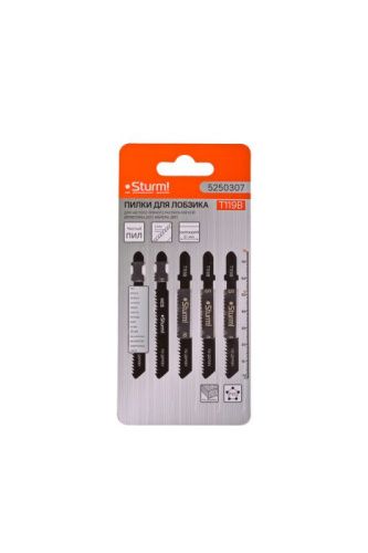Пилки для лобзика по дереву T119B, 5 шт, 76х51мм, шаг зуба 2 мм, быстрый прямой рез, HCS,  Sturm-Tehinstrument
