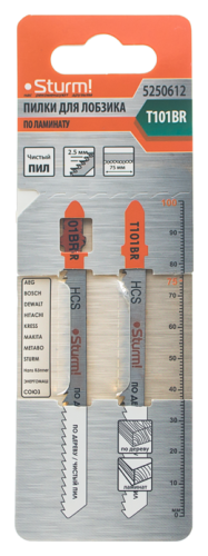 Пилки для лобзика по дереву T101BR, 2 шт, 100х75мм, шаг зуба 2,5 мм, обратный зуб, HCS,  Sturm-Tehinstrument