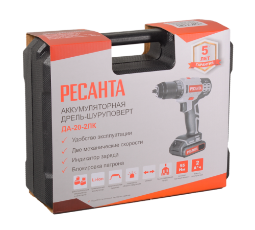 Дрель-шуруповерт аккумуляторная Ресанта ДА-20-2ЛК (2,0 А/ч)-Tehinstrument