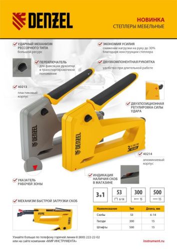Степлер мебельный, алюминиевый корпус, тип 53, 6-14 мм, тип 300, 15 мм, тип 500, 15 мм Denzel-Tehinstrument