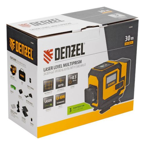 Лазерный уровень мультипризменный DLV-360-3C, 30 м, зеленый луч, Li-Ion 2,4 Aч, кейс// Denzel-Tehinstrument