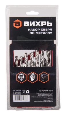 Набор сверл по металлу Вихрь, 1-10мм (через 0,5мм), HSS, 19шт., металл. коробка, цилиндрический хвостовик-Tehinstrument