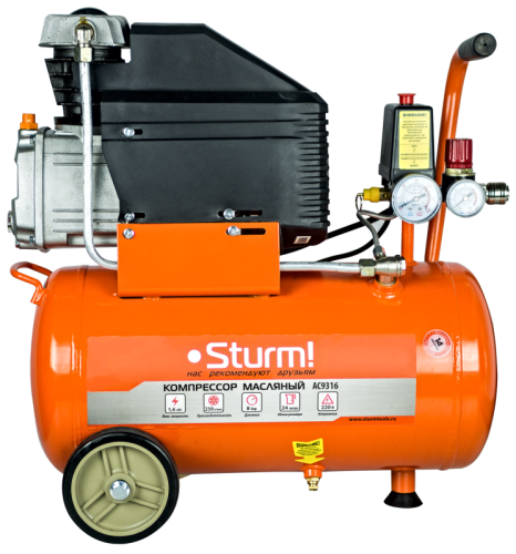 Компрессор воздушный масляный  Sturm AC9316, 1,6кВт, 250л/мин, ресивер 24л, прямой привод-Tehinstrument