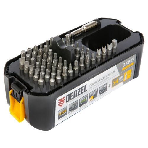 Отвертка DENZEL CSL-3,6-01, с аккумулятором 3.6 В Li-Ion, 1.3 Ач, 200 об/мин, с аксессуарами-Tehinstrument