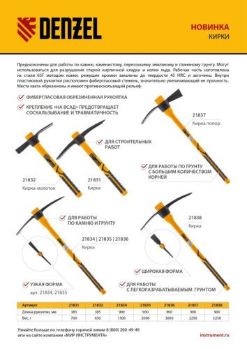 Кирка-топор 2250 г, фиберглассовая обрезиненная рукоятка 900 мм Denzel-Tehinstrument
