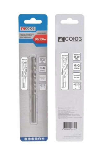 Сверло по бетону, 6x100, твердосплавная напайка BK8, треугольный хвостовик, Союз-Tehinstrument