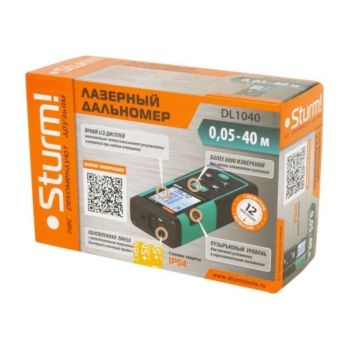 Дальномер лазерный 0,05-40м, LCD дисплей, встроенный уровень, чехол,  Sturm-Tehinstrument
