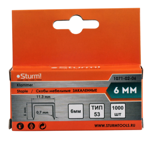 Скобы для степлера 6мм (тип 53), 1000шт,оцинкованные,закаленные,  Sturm-Tehinstrument