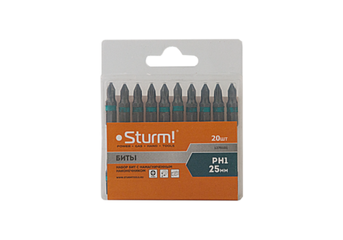 Биты PH1х25мм, сталь S2, С МАГНИТН. НАКОНЕЧНИКОМ,20 шт. В пластик.кейсе  Sturm-Tehinstrument
