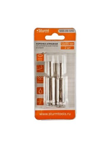 Коронка алмазн. По керам. Плитке и стеклу 12 х 55 мм, 2 шт., блистер,  Sturm-Tehinstrument