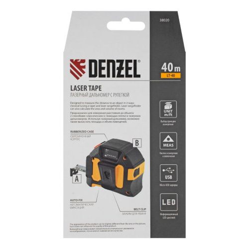 Лазерный дальномер с рулеткой LT-40, 5м x 19 мм, дальномер 40м, автомат. фиксация Denzel-Tehinstrument