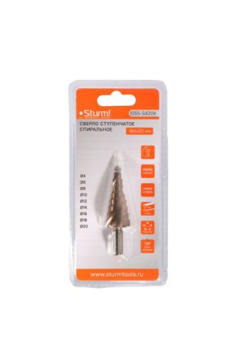 Сверло ступенчатое по металлу 4-20мм шаг 2мм Р6М5+COBALT спираль  Sturm-Tehinstrument
