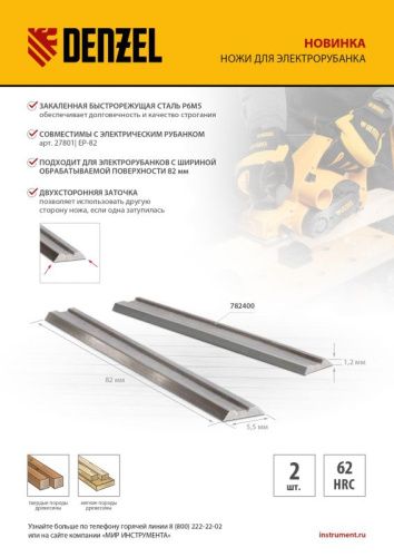 Ножи для эл. рубанка, Р6М5, 82мм, 2шт Denzel-Tehinstrument