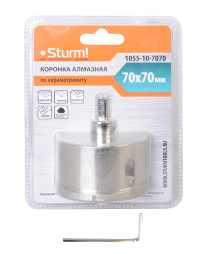 Коронка алмазная по керамограниту 70 х 70 мм,3гр. Хв., с центрир. Cверл.  Sturm-Tehinstrument