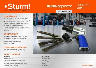 Долото пневматическое, 4500 об/мин, 5 предметов, 6, 3 бар  Sturm-Tehinstrument