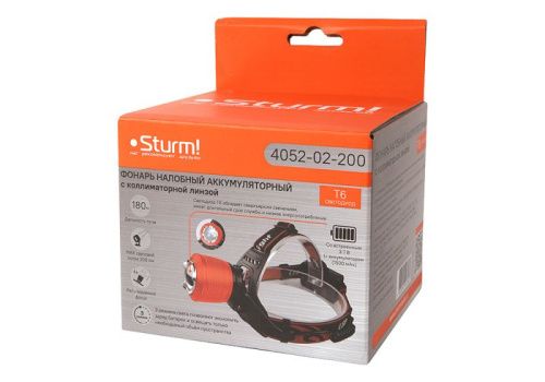 Фонарь налобный аккумуляторный 200лм, T6 светодиод, зум, 3 режима,  Sturm-Tehinstrument