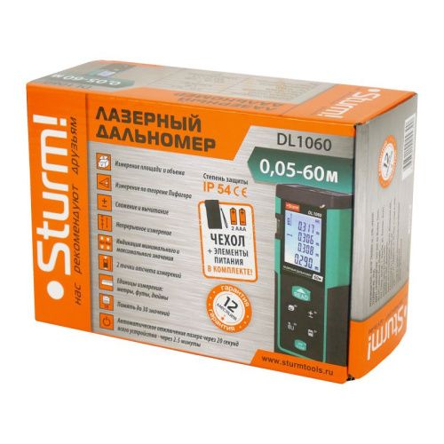 Дальномер лазерный, 0.05-60м, LCD дисплей, встроенный уровень, чехол,  Sturm-Tehinstrument