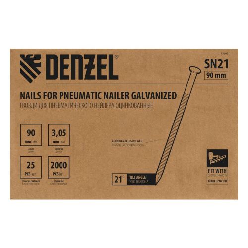 Гвозди для пнев. нейлера (оцинк.), длина - 90 мм, диам. - 3,05 мм, 2000 шт. Denzel-Tehinstrument