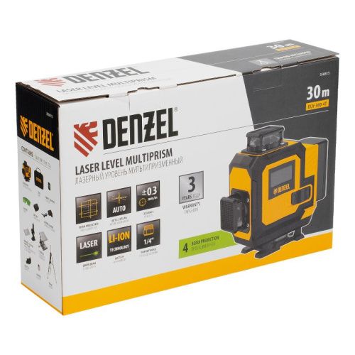 Лазерный уровень мультипризменный DLV 360-4T, 30 м, зеленый луч, Li-Ion 2,4 Aч, штатив// Denzel-Tehinstrument