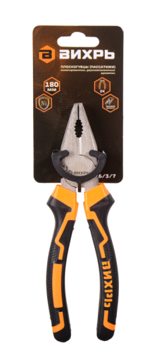 Плоскогубцы (пассатижи), 180мм., никелированные, двухкомпонентные рукоятки, Вихрь-Tehinstrument