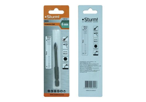 Сверло по стеклу и кафелю, 6мм, четырехгранный наконечник, шестигранный хвостовик,  Sturm-Tehinstrument