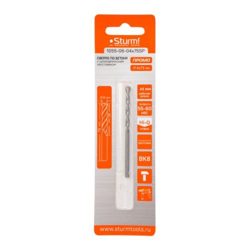 Сверло по бетону, 4x75мм, твердосплавная напайка BK8, цилиндрический хвостовик,  Sturm PROMO-Tehinstrument