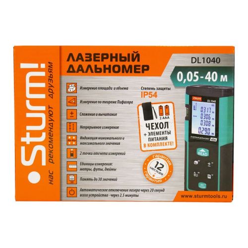 Дальномер лазерный 0,05-40м, LCD дисплей, встроенный уровень, чехол,  Sturm-Tehinstrument