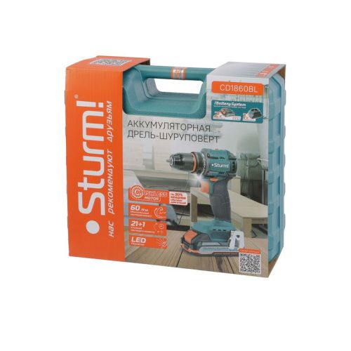 CD1860BL Дрель аккумуляторная  Sturm, бесщеточная 18В, 1BatterySystem, 60Нм, 2х2.0Ач, кейс-Tehinstrument