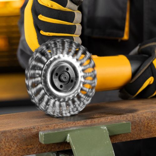 Щетка для УШМ, 125 мм, "Плоская", крученая нержавеющая проволока 0.5 мм, посадка 22.2 мм Denzel-Tehinstrument