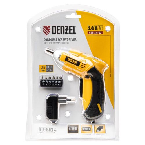 Отвертка DENZEL CSL-3,6-02, с аккумулятором 3.6 В Li-Ion, 1.3 Ач, в блистере-Tehinstrument