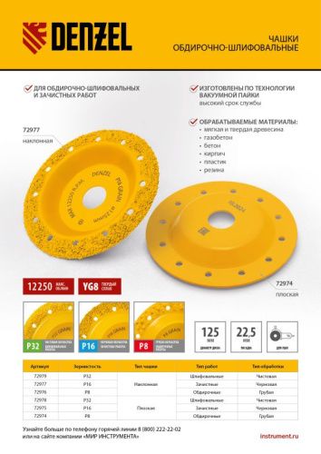 Чашка твёрдосплавная зачистная Denzel,125 мм, плоская, среднее зерно #16-Tehinstrument