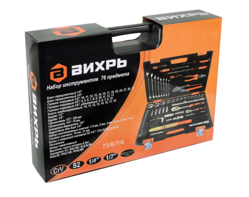 Набор инструментов, 1/2", 1/4", CrV, пластиковый кейс 76 предмета Вихрь-Tehinstrument
