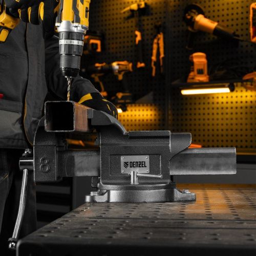 Тиски слесарные BVH-200, 200 мм, поворотные, стальная направляющая, с наковальней //Denzel-Tehinstrument